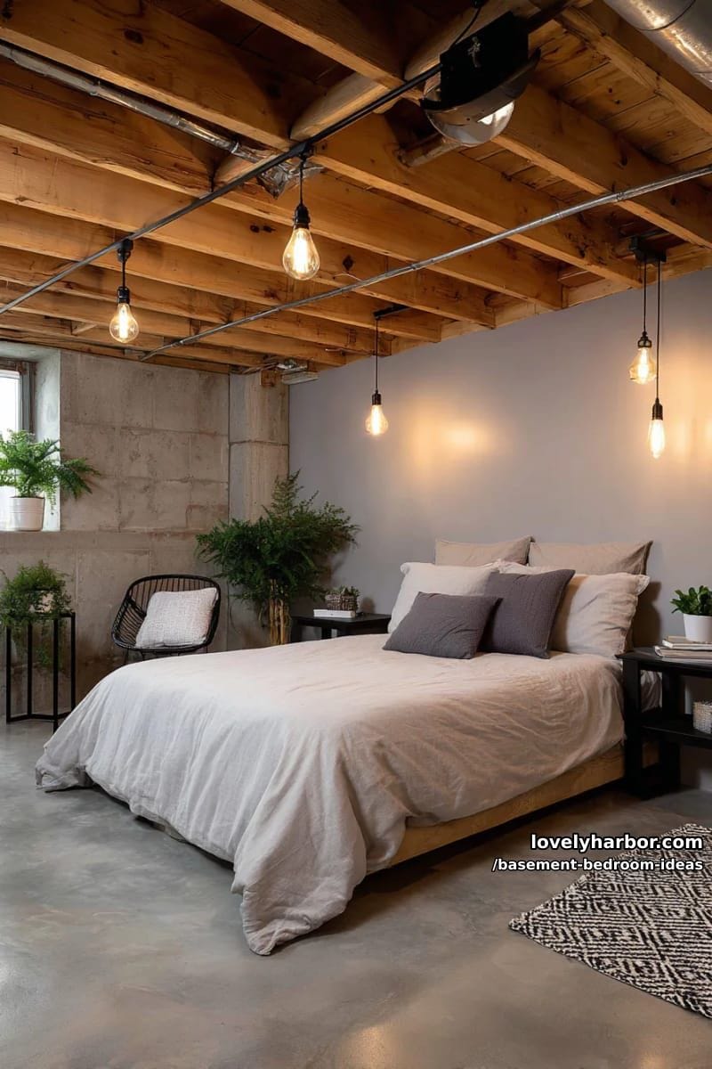 exposed wood beam ceiling with industrial edison bulbs and concrete floors 1