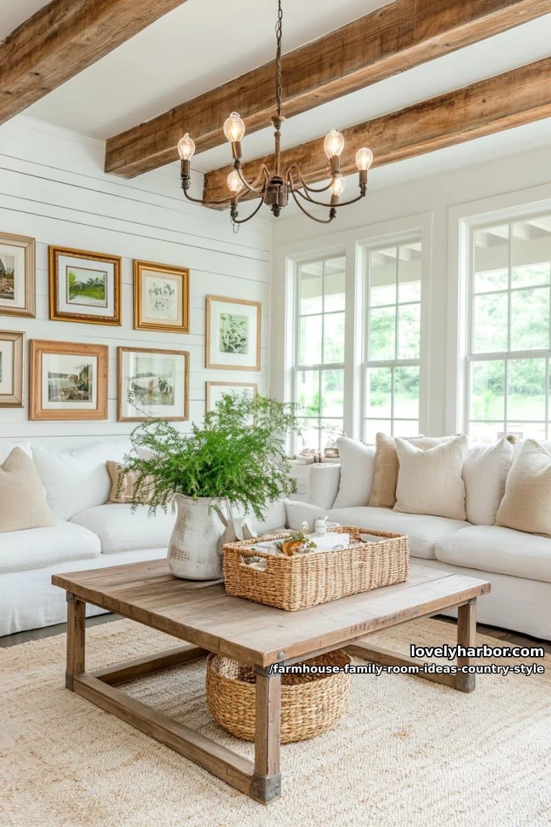 farmhouse beams with edison bulb chandeliers above a vintage gallery wall 1