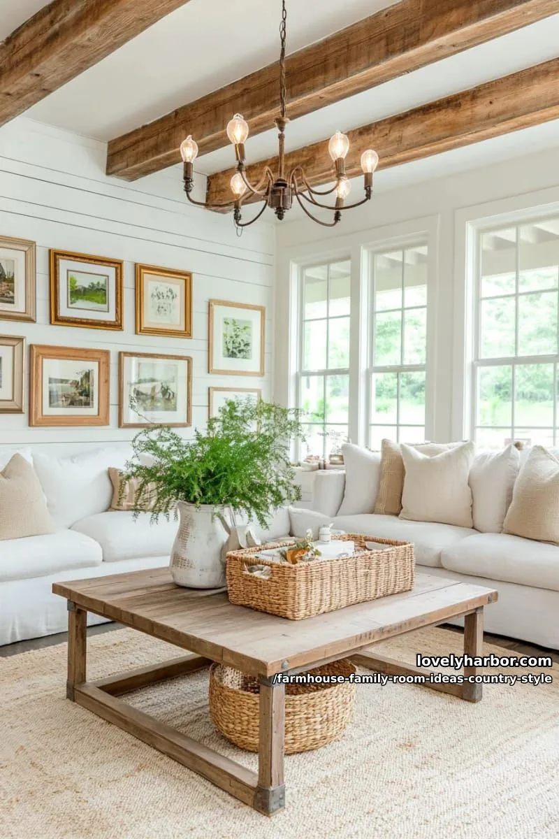 farmhouse beams with edison bulb chandeliers above a vintage gallery wall 1