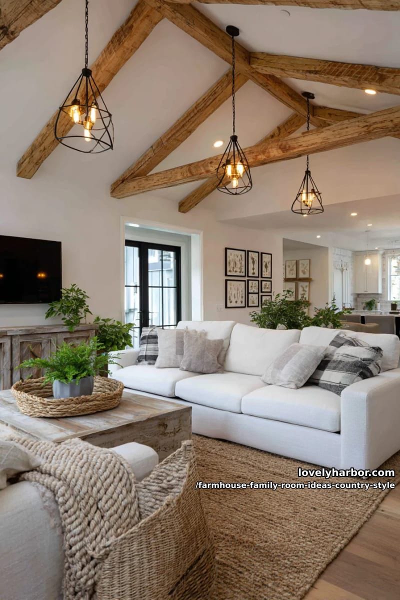 farmhouse beams with edison bulb chandeliers above a vintage gallery wall 1