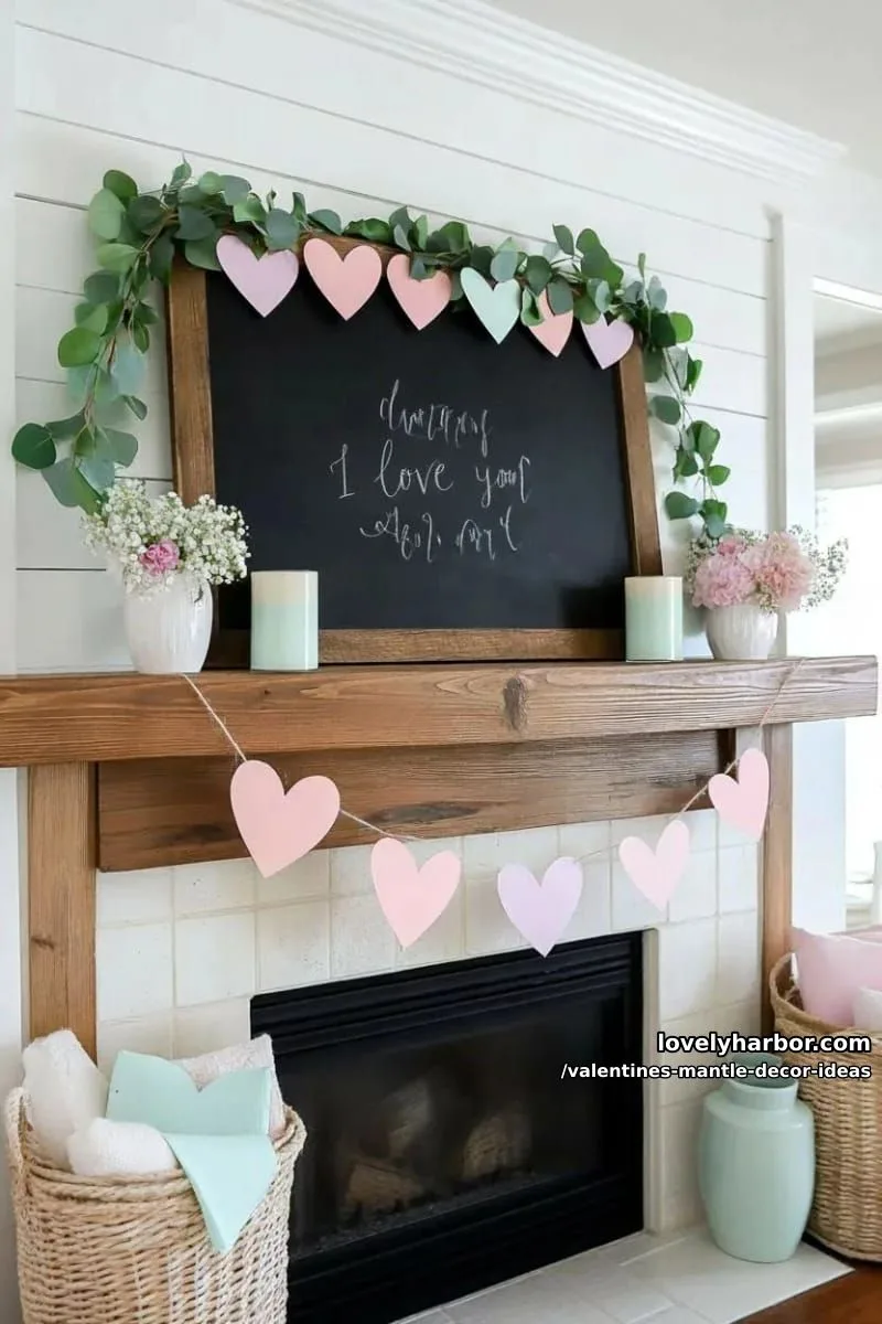 farmhouse chalkboard art framed by pastel paper hearts and greenery 1