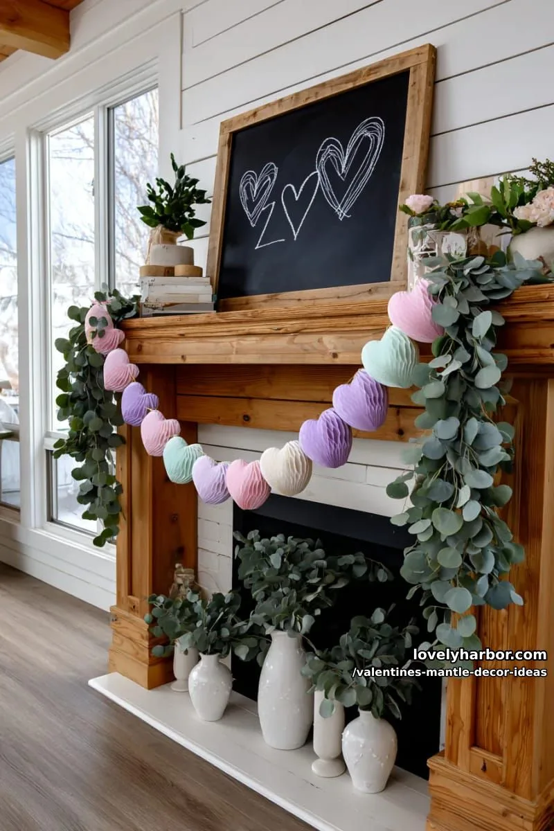 farmhouse chalkboard art framed by pastel paper hearts and greenery 1