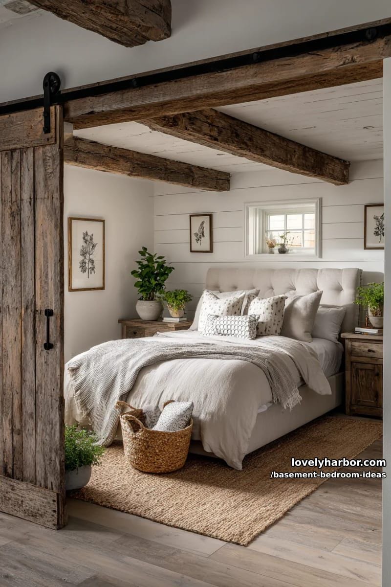 farmhouse chic with shiplap walls, barn door, and reclaimed wood nightstands 1