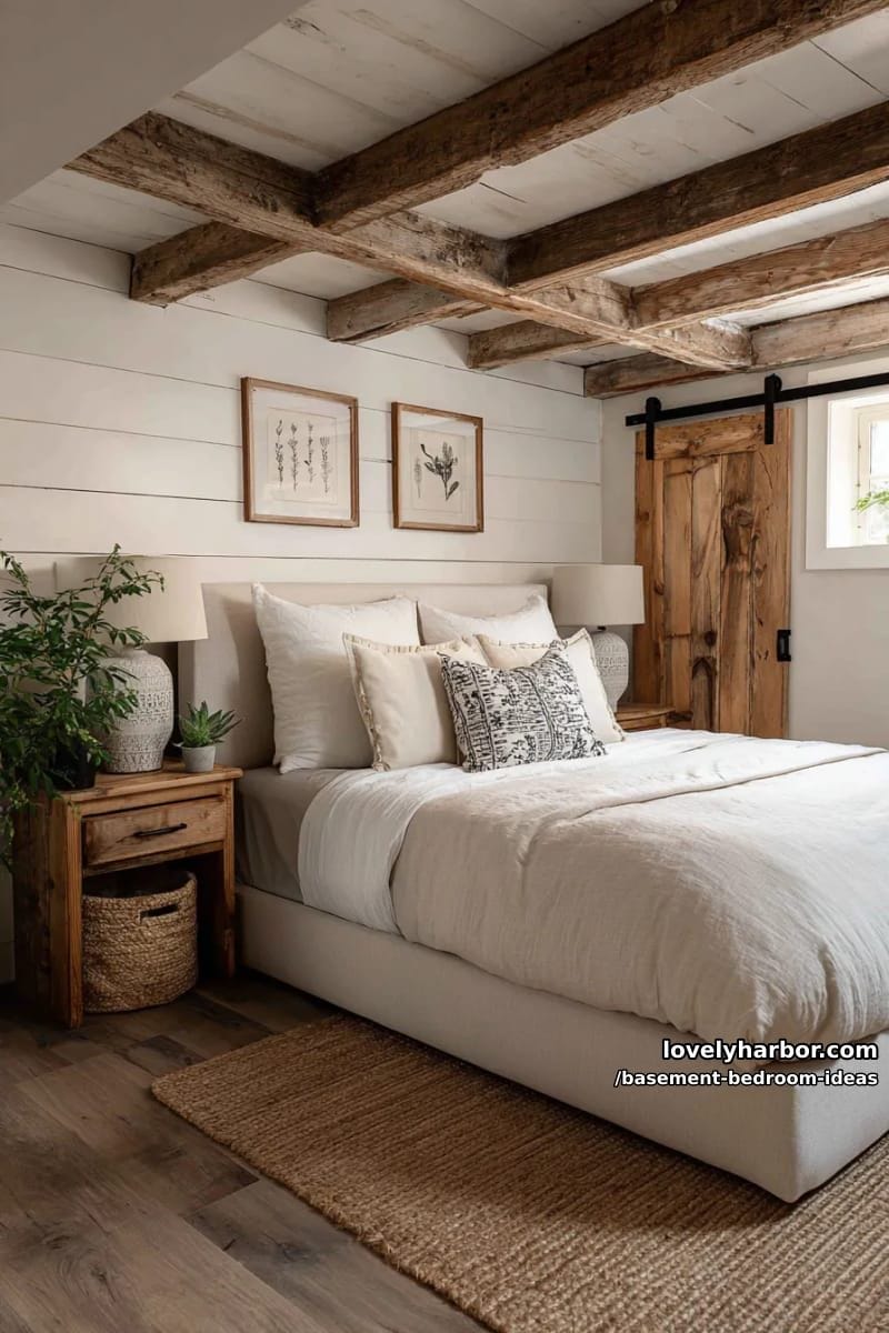 farmhouse chic with shiplap walls, barn door, and reclaimed wood nightstands 1