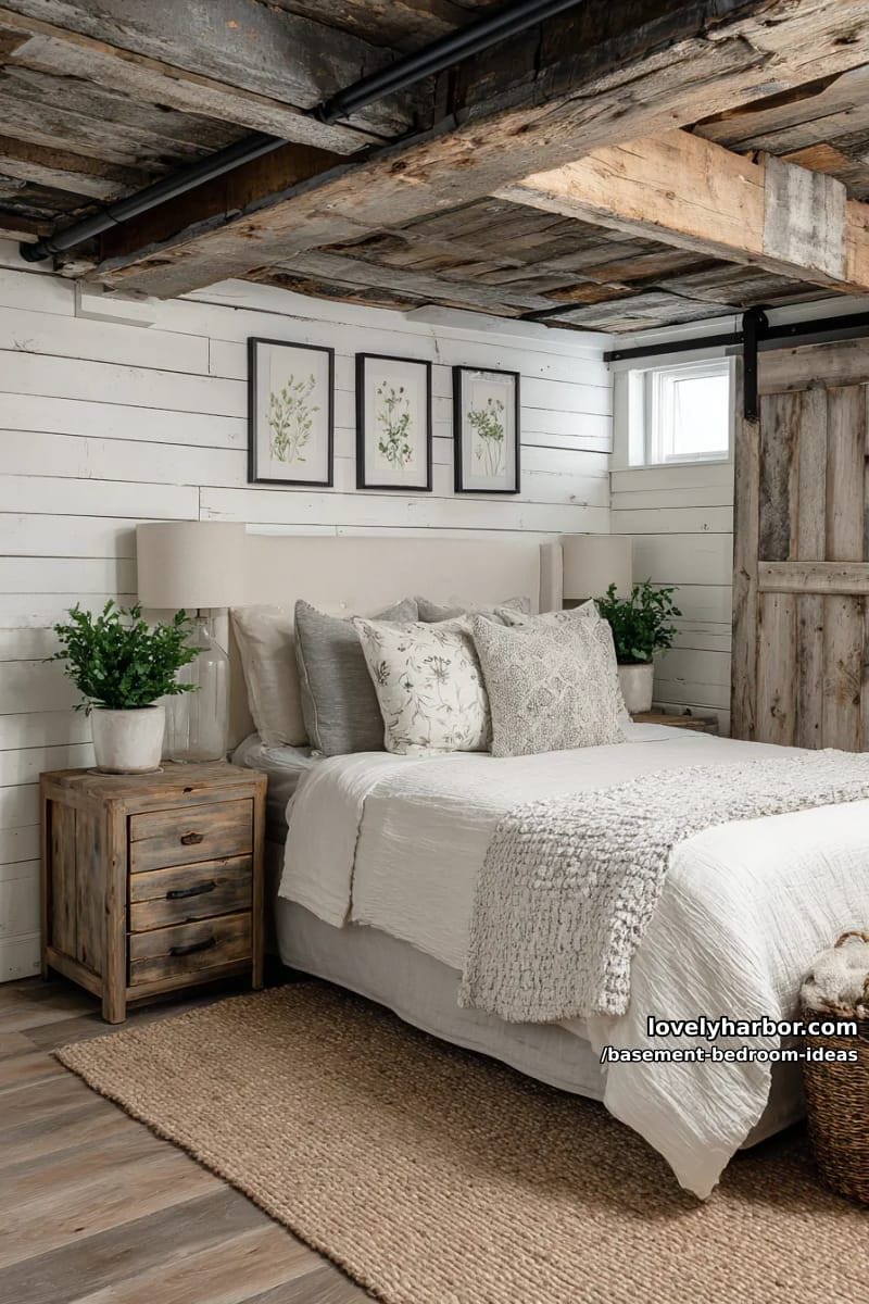 farmhouse chic with shiplap walls, barn door, and reclaimed wood nightstands 1
