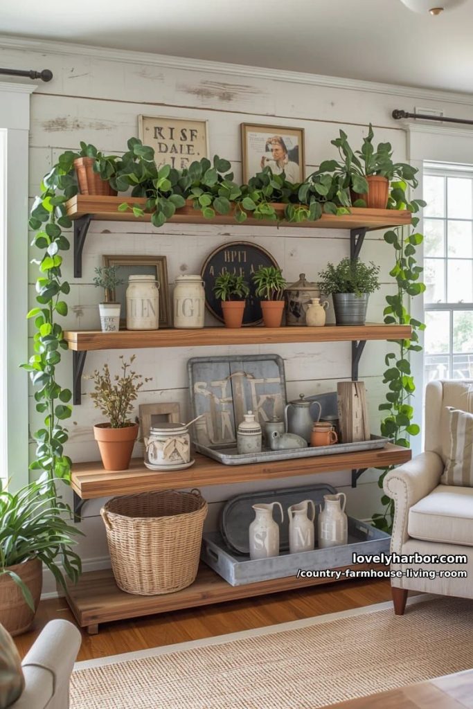 farmhouse-style open shelving decorated with greenery and galvanized trays 27