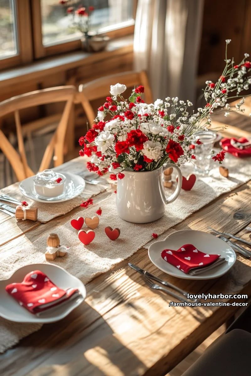 19 Farmhouse Valentine's Day Home Decor Ideas 75 farmhouse table centerpiece with enamel pitcher and heart-patterned napkins 1