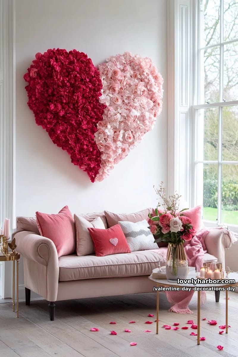 faux flower petal heart wall installation for a romantic backdrop 1