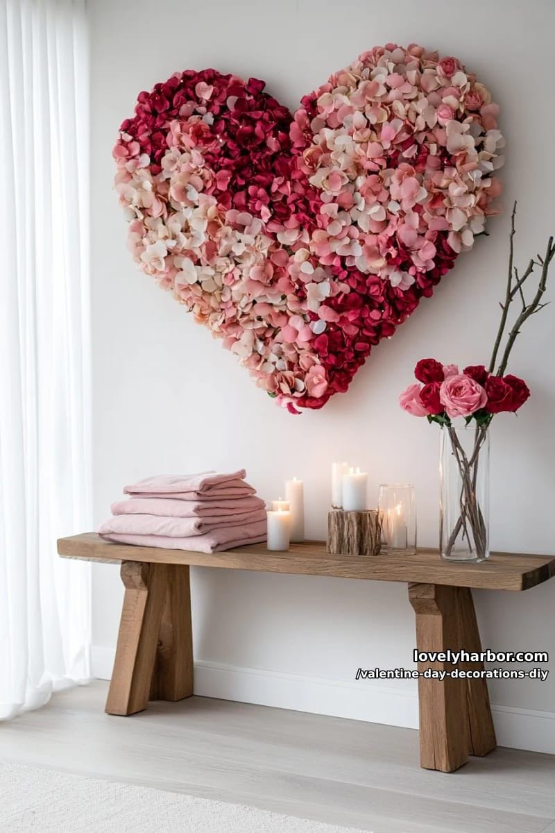 faux flower petal heart wall installation for a romantic backdrop 1