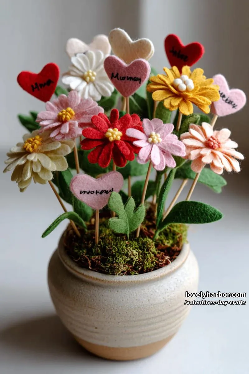 21 Unique Valentine’s Day Crafts to Warm Your Heart 70 felt flower bouquet in a clay pot with personalized heart plant markers 1