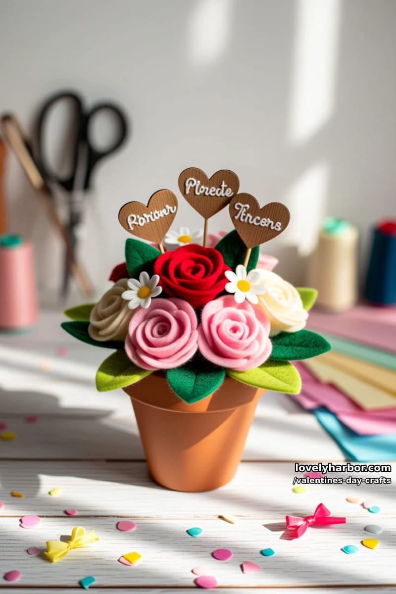 21 Unique Valentine’s Day Crafts to Warm Your Heart 72 felt flower bouquet in a clay pot with personalized heart plant markers 1