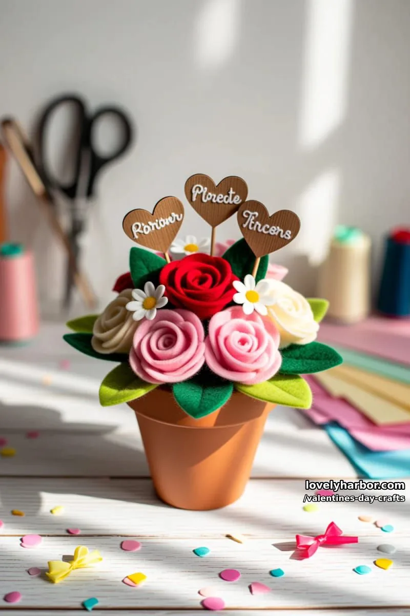 21 Unique Valentine’s Day Crafts to Warm Your Heart 71 felt flower bouquet in a clay pot with personalized heart plant markers 1
