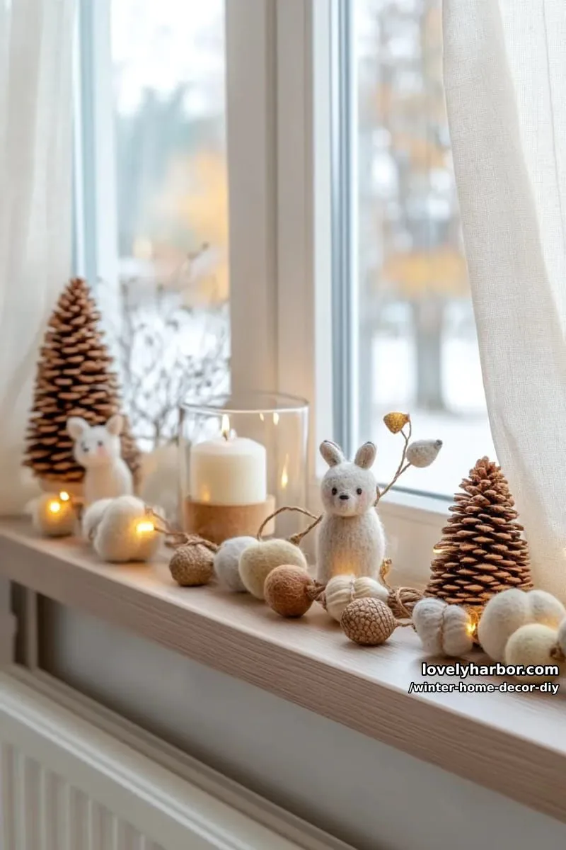 felted acorn garland draped across windows for a woodland-inspired home 1