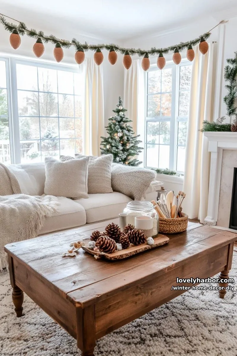 felted acorn garland draped across windows for a woodland-inspired home 1