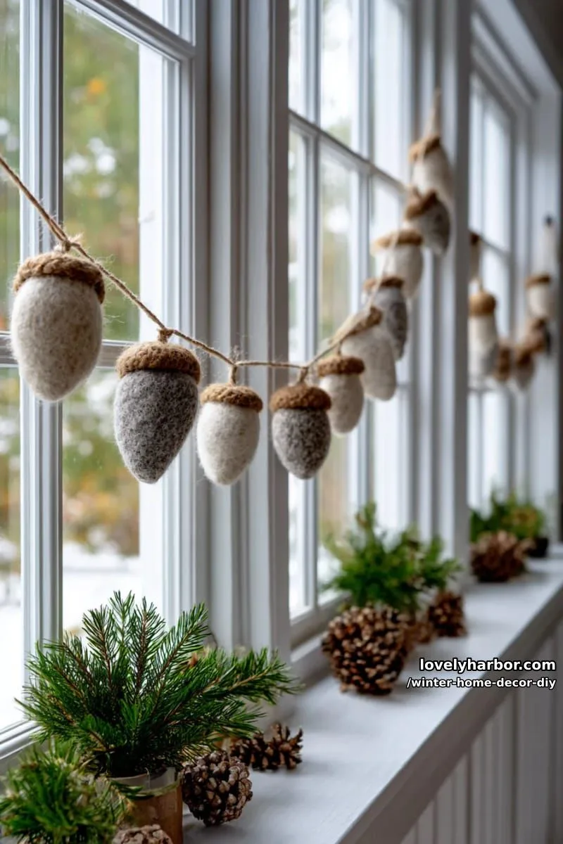 felted acorn garland draped across windows for a woodland-inspired home 1