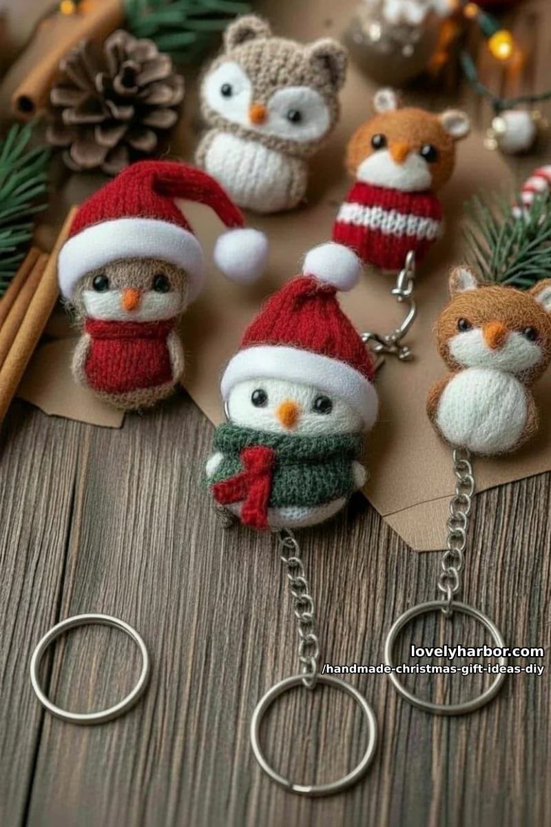 felted animal keychains with little santa hats and cozy scarves 1
