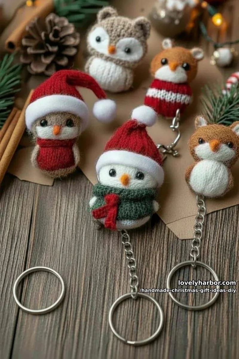11 Unique DIY Christmas Gifts to Make This Year 9 felted animal keychains with little santa hats and cozy scarves 1