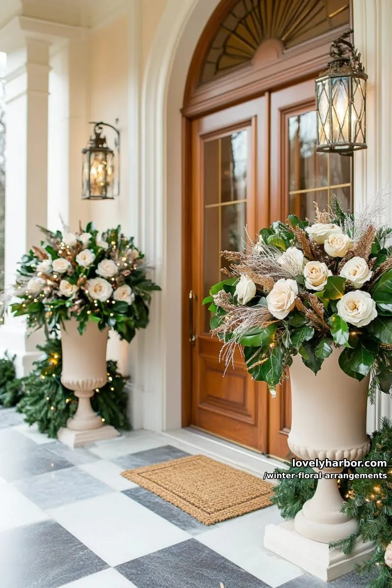 festive entryway urn with magnolia leaves, frosted pine, and cream roses 1