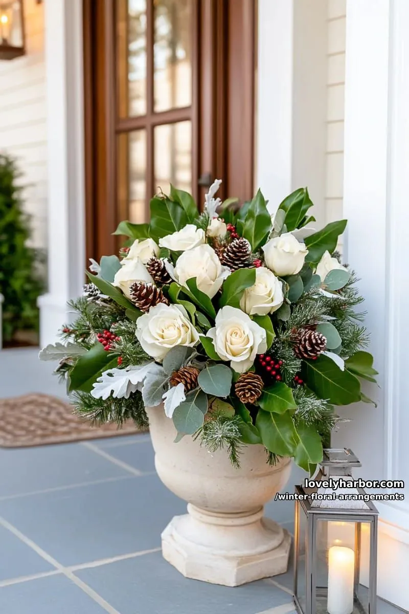festive entryway urn with magnolia leaves, frosted pine, and cream roses 1