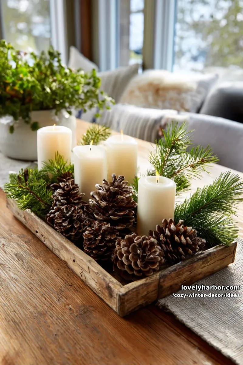 15 Winter Decor Ideas for a Cozy Home Retreat 8 fill wooden trays with pinecones, candles, and greenery for rustic centerpieces. 1
