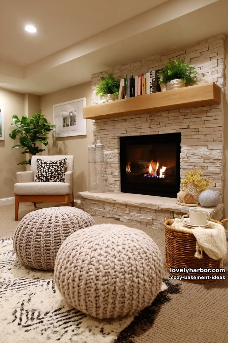 fireplace corner wrapped in stone, with chunky knit poufs 1