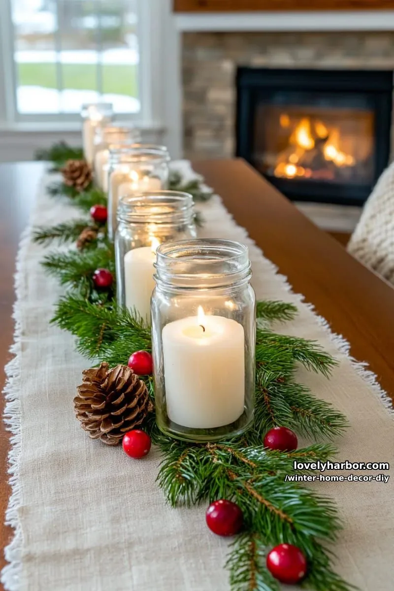 floating candle jars with pine needles and cranberries for a seasonal tablescape 1