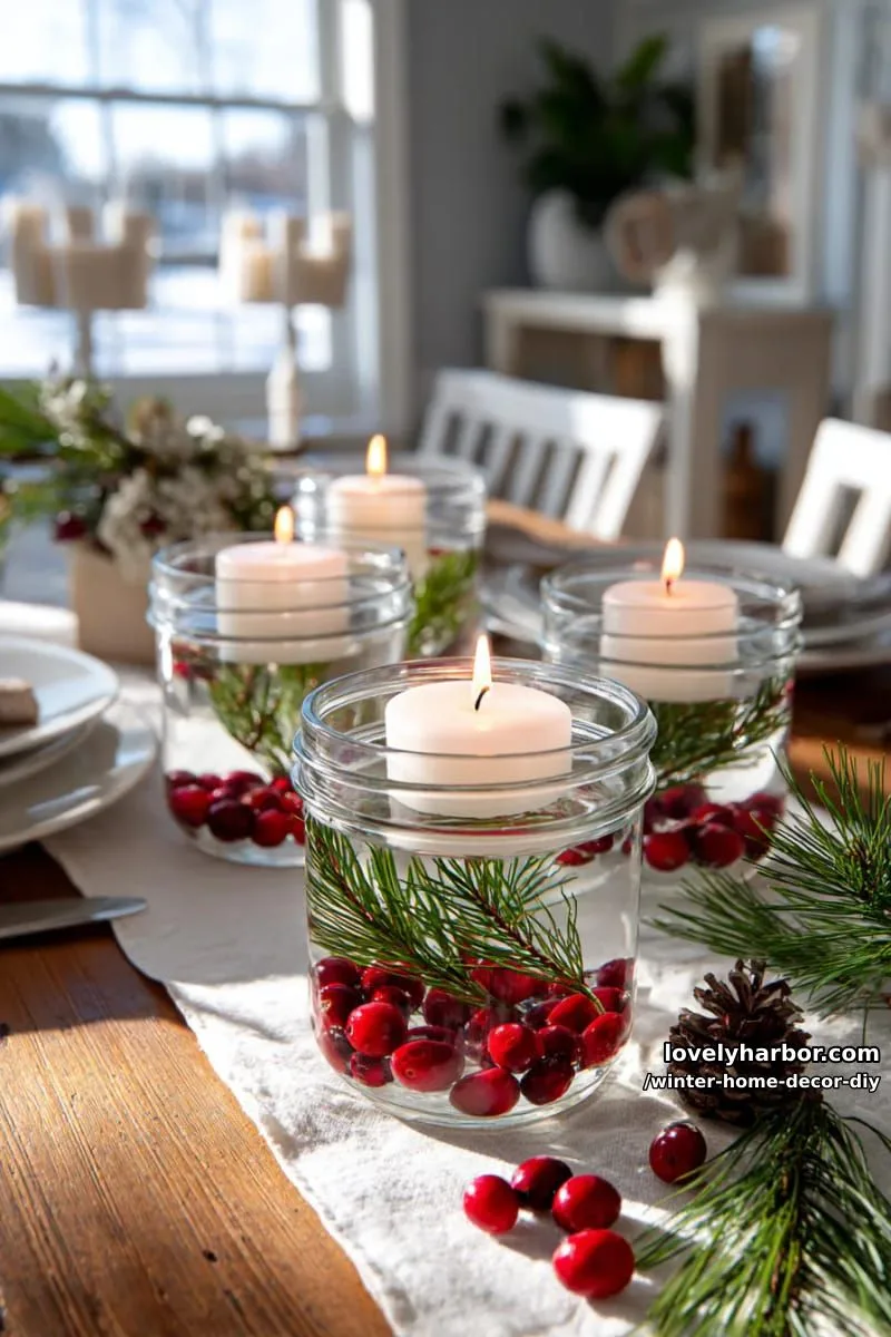 floating candle jars with pine needles and cranberries for a seasonal tablescape 1