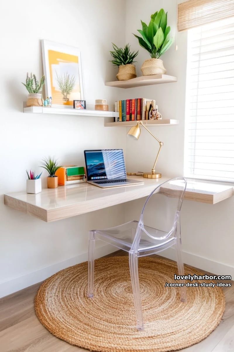 floating corner study desk paired with a statement acrylic chair 1