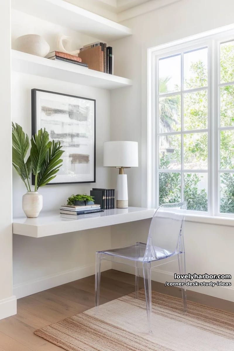 floating corner study desk paired with a statement acrylic chair 1