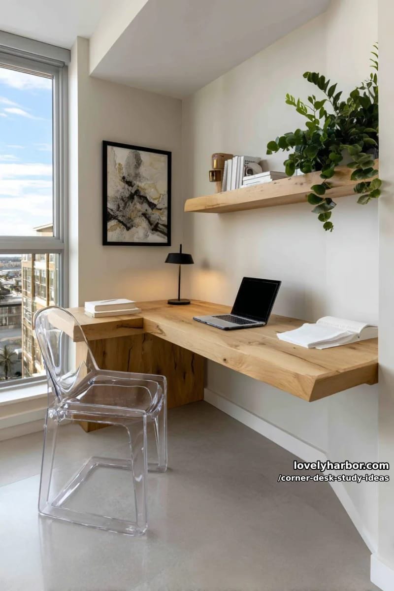 floating corner study desk paired with a statement acrylic chair 1