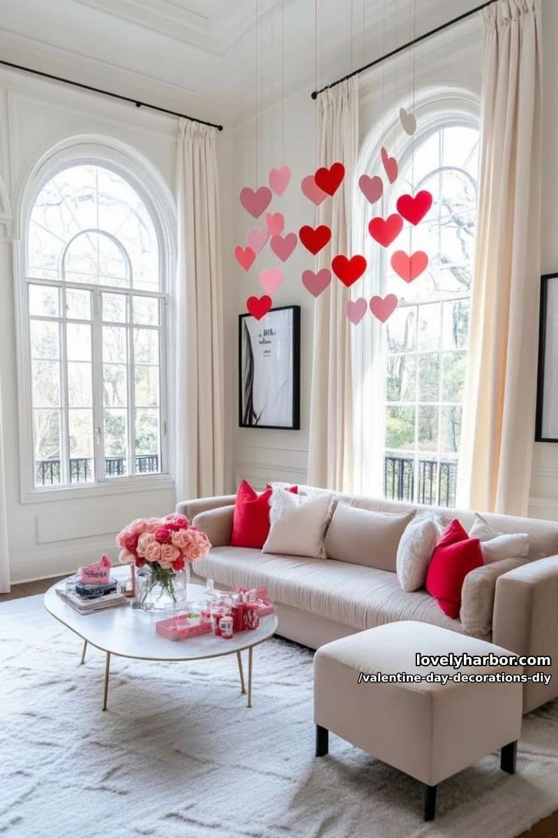 floating heart garland from layered red and pink paper strips 1