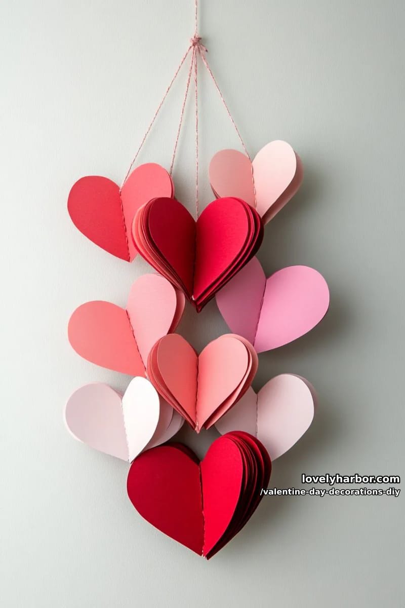 floating heart garland from layered red and pink paper strips 1