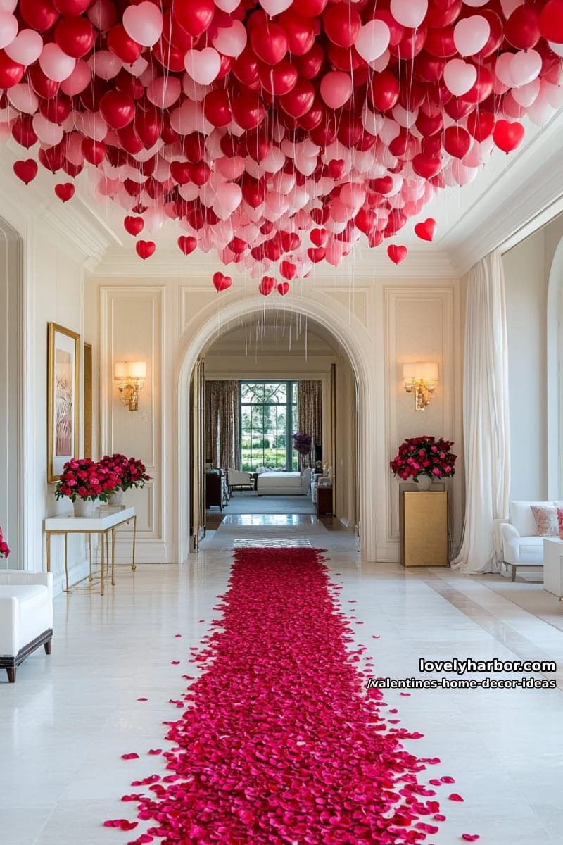 floating red balloon ceiling with rose petal pathways for dramatic entryway 1