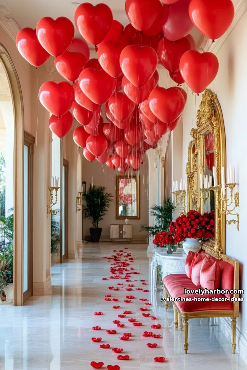 floating red balloon ceiling with rose petal pathways for dramatic entryway 1
