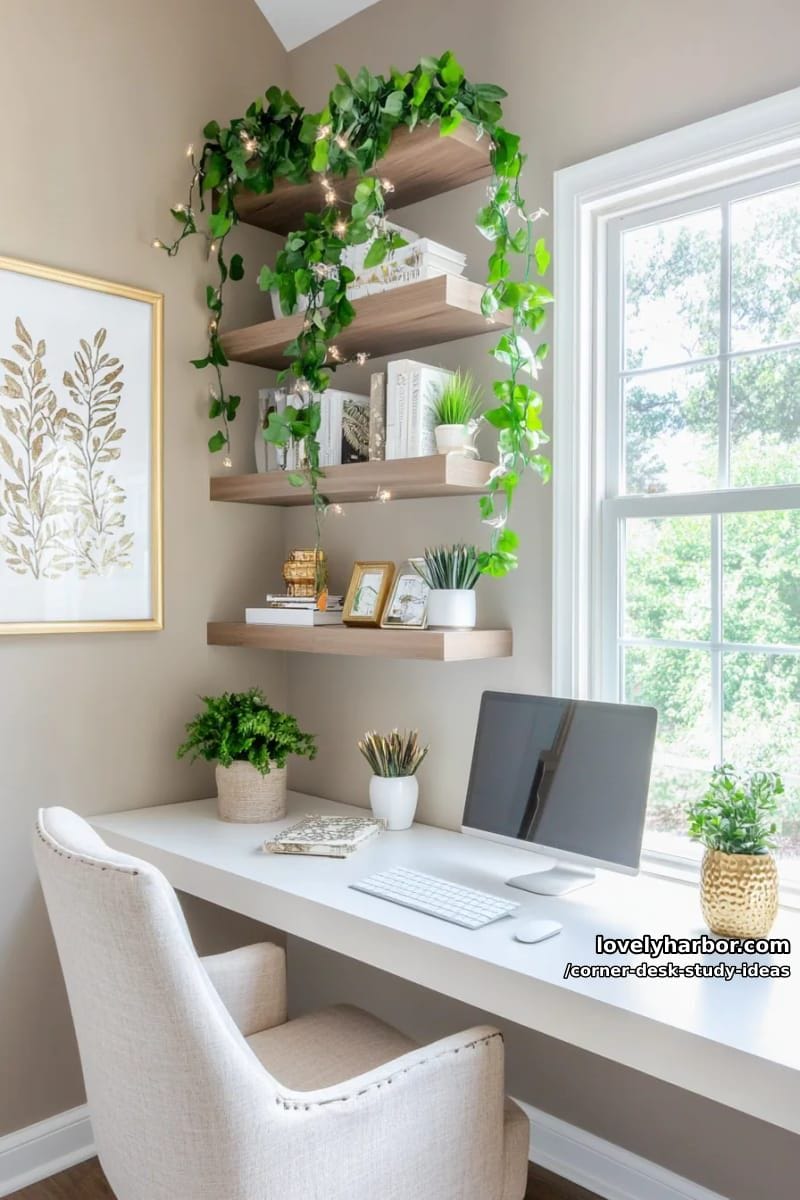 floating shelves above a corner desk with trailing plants and fairy lights 1