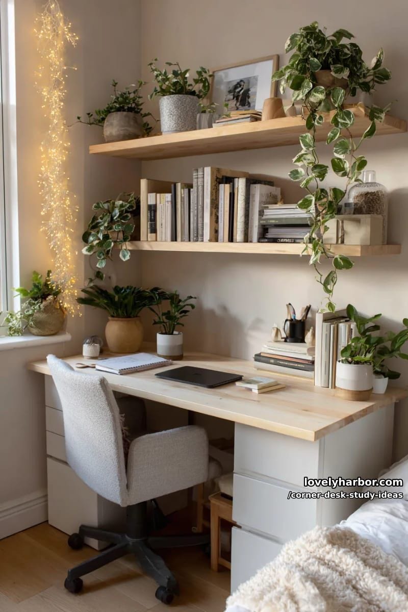floating shelves above a corner desk with trailing plants and fairy lights 1