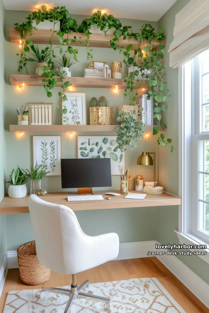 floating shelves above a corner desk with trailing plants and fairy lights 1