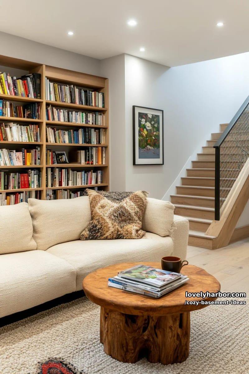 floor-to-ceiling bookshelf wall beside a low-slung boucle sofa 1