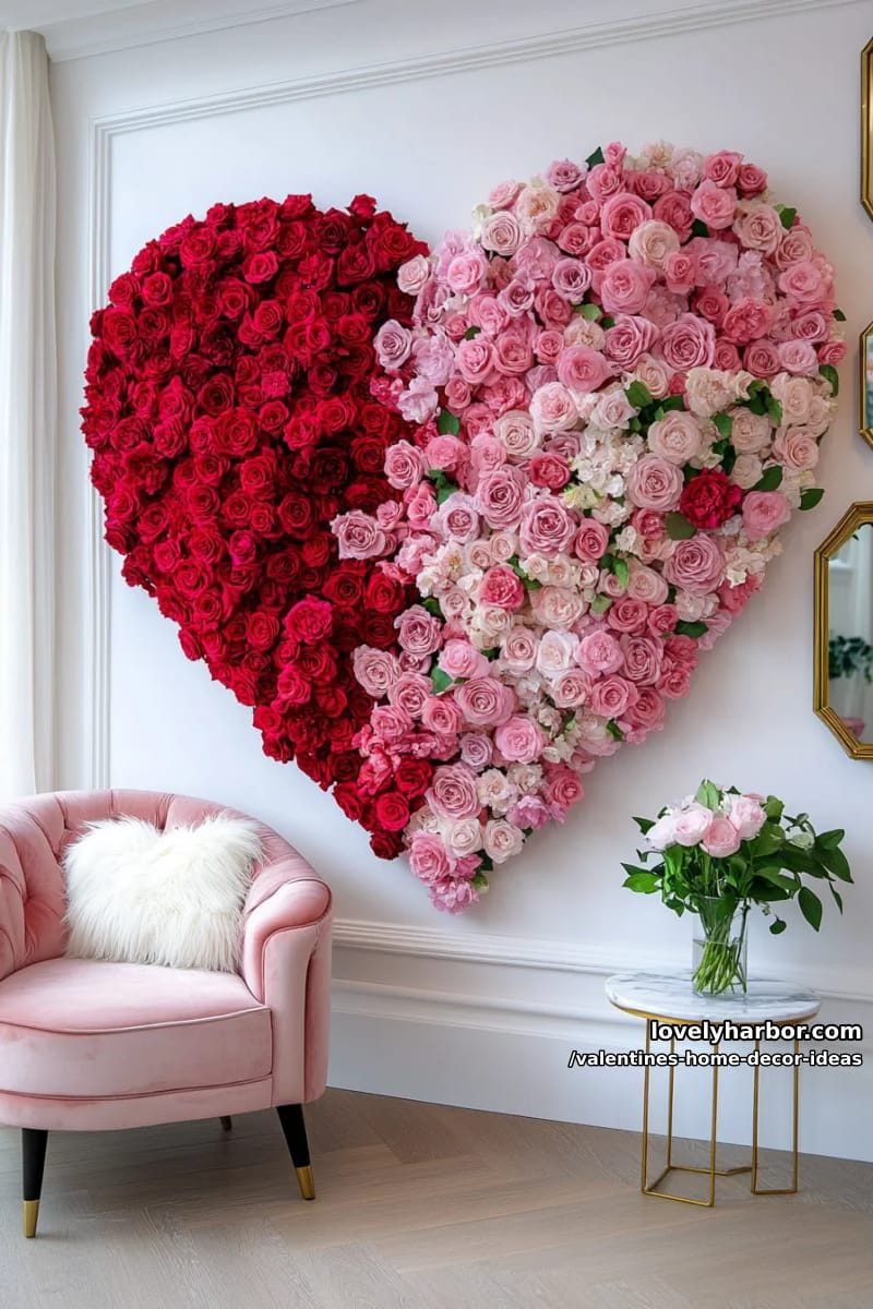 flower heart wall created from faux blooms in ombre shades 1