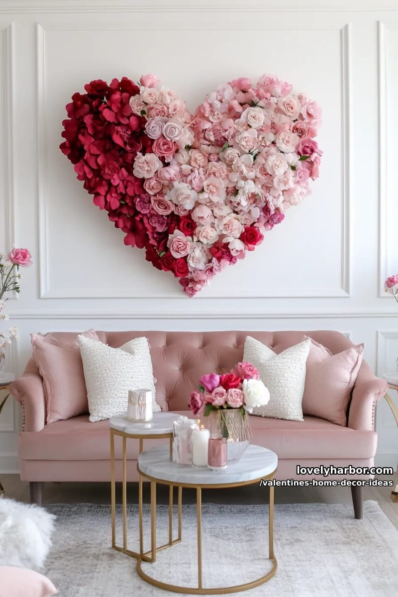 flower heart wall created from faux blooms in ombre shades 1