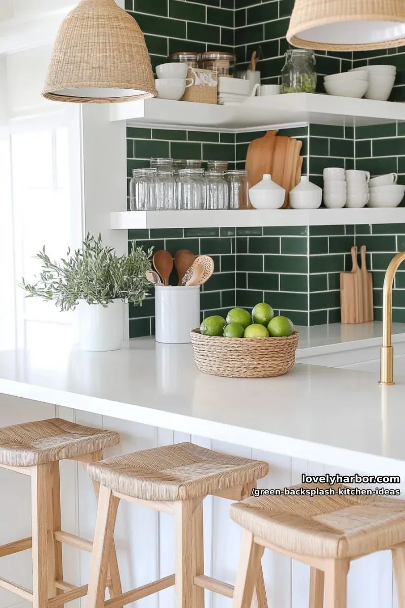 15 Green Backsplash Ideas for Modern Kitchens 2 forest green subway tiles paired with white oak open shelving. 1