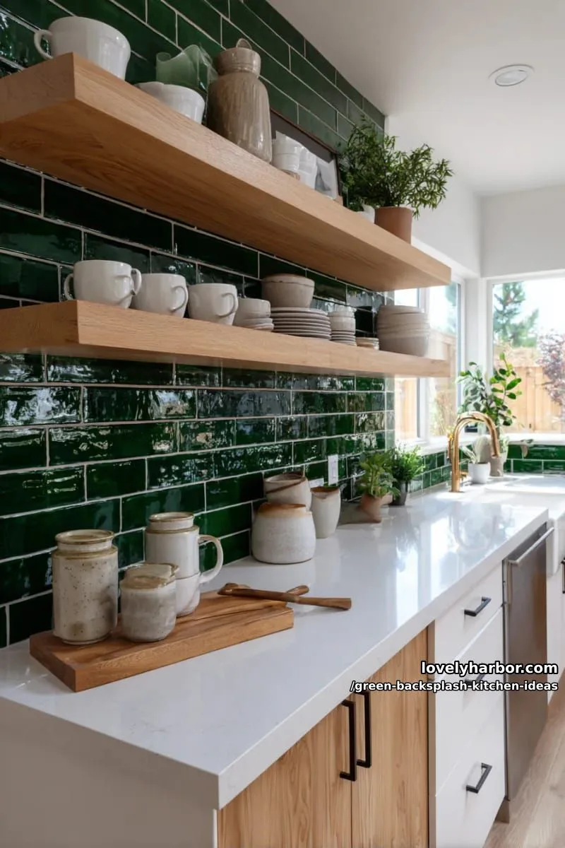 15 Green Backsplash Ideas for Modern Kitchens 3 forest green subway tiles paired with white oak open shelving. 1