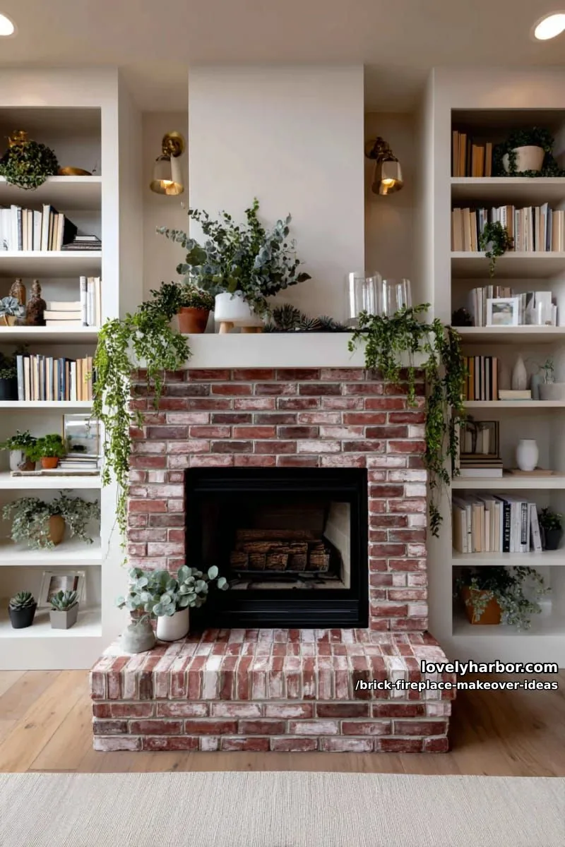 frame the fireplace with built-in bookshelves and greenery accents. 1