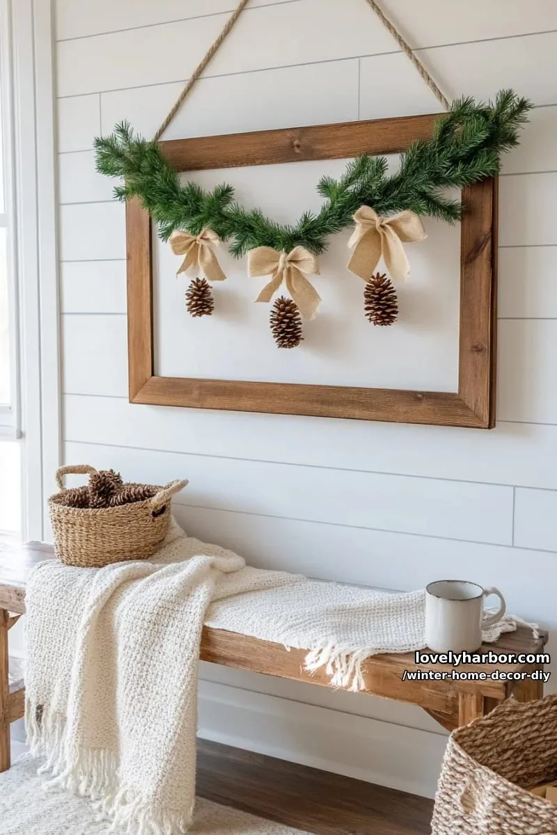 framed pine branch wall art with jute bows and mini pinecones 1