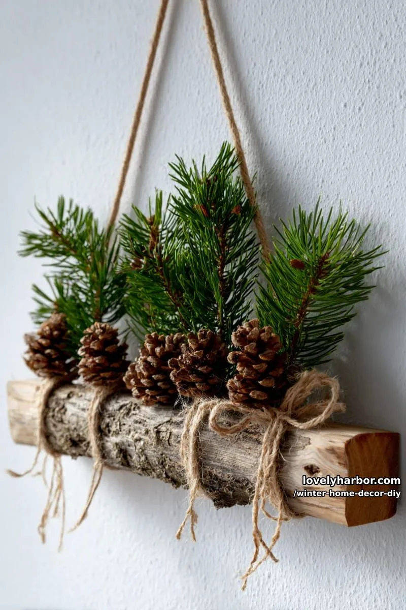 framed pine branch wall art with jute bows and mini pinecones 1