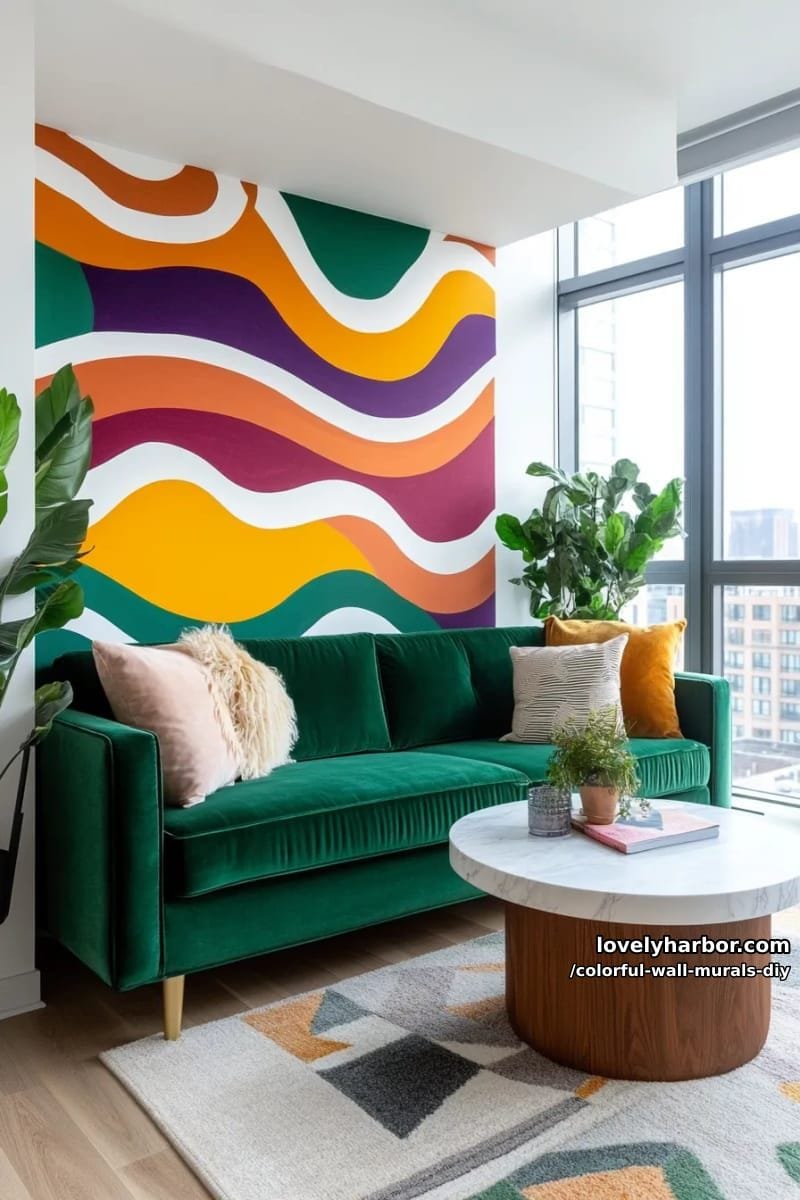 freehand wavy lines mural in multi-color for a funky accent wall 1