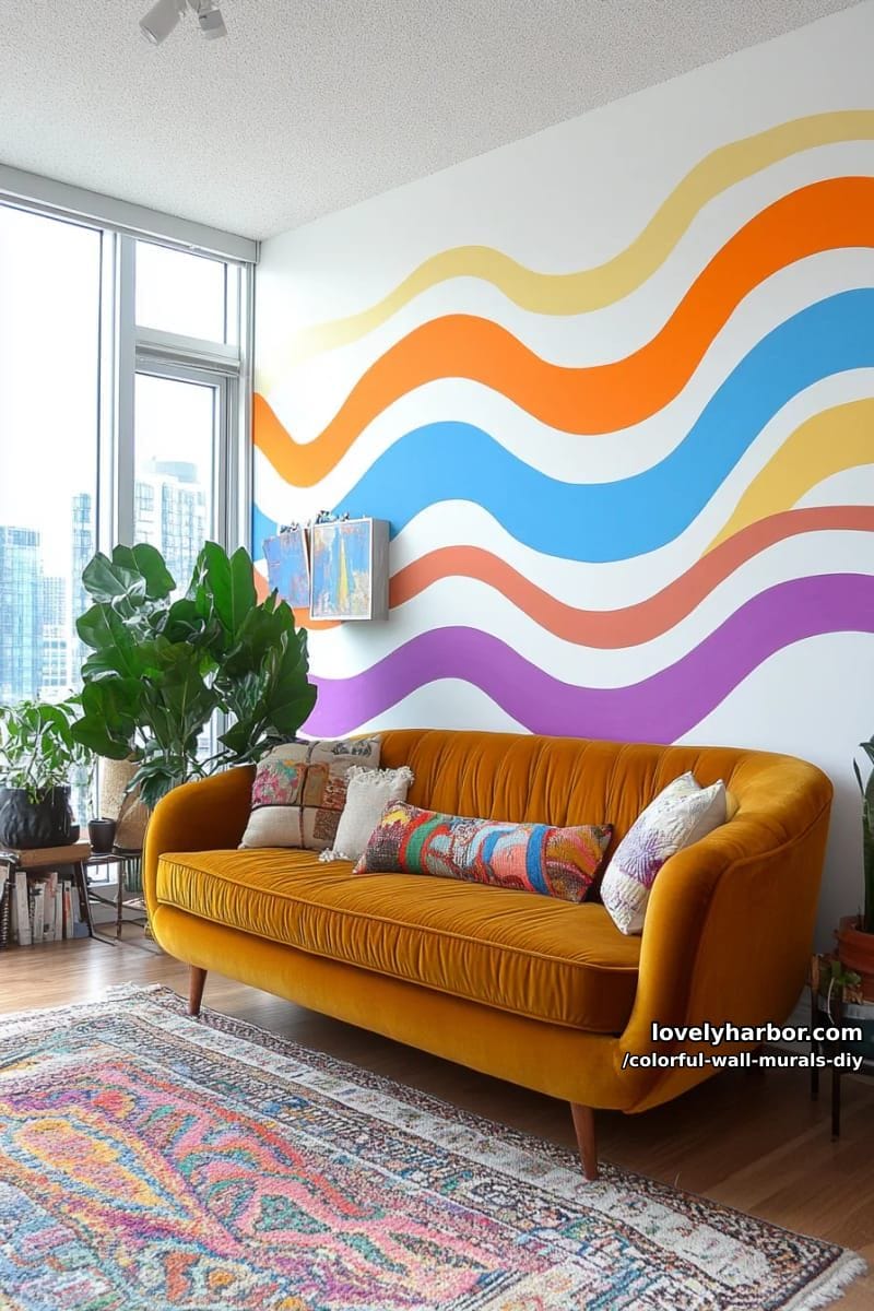 freehand wavy lines mural in multi-color for a funky accent wall 1