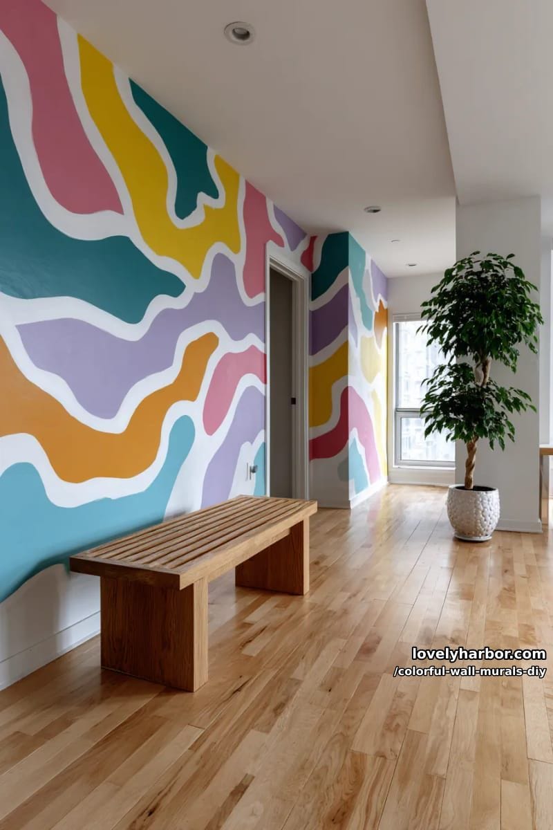 freehand wavy lines mural in multi-color for a funky accent wall 1
