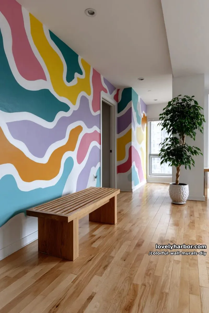 31 Colorful DIY Wall Murals for a Vibrant Home Update 29 freehand wavy lines mural in multi-color for a funky accent wall 1