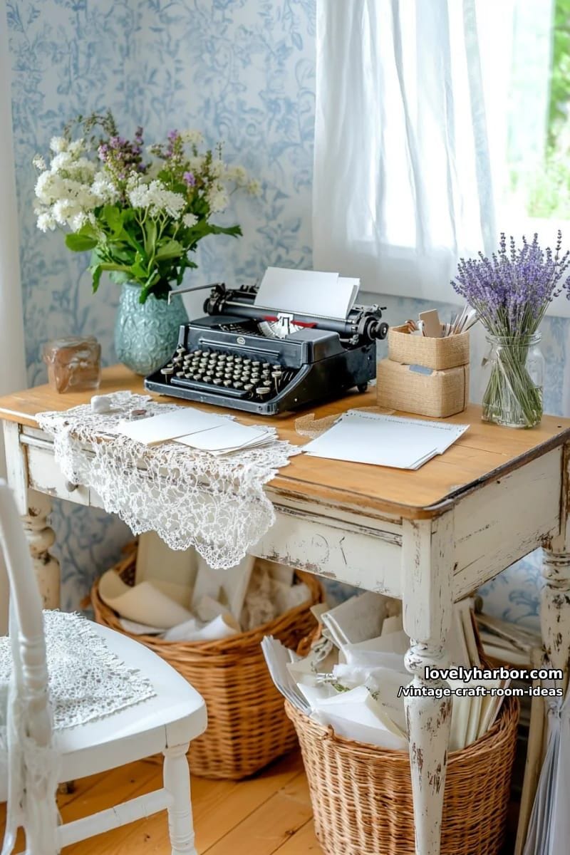 french cottage corner with toile wallpaper and an old typewriter for creative notes 1